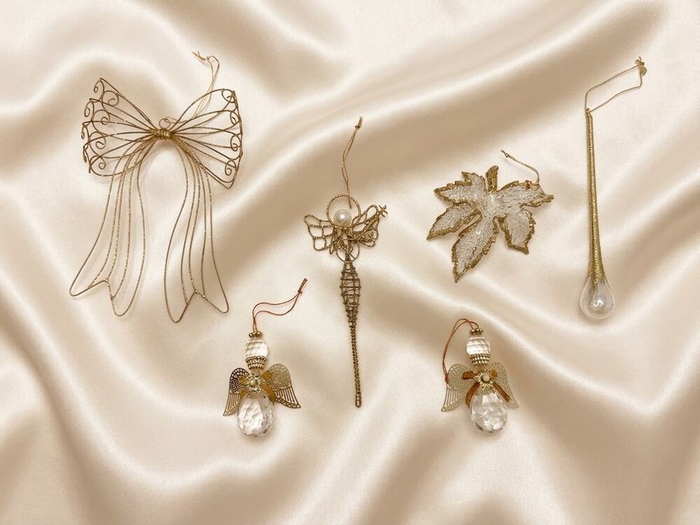Set of 6 Vintage Gold Wire & Crystal Christmas Ornaments, Elegant Holiday Decor